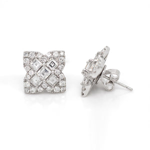 18K white gold diamond earrings feature Asscher and round diamonds weighing a total of 2.69 carats set in a 4-point clover design.