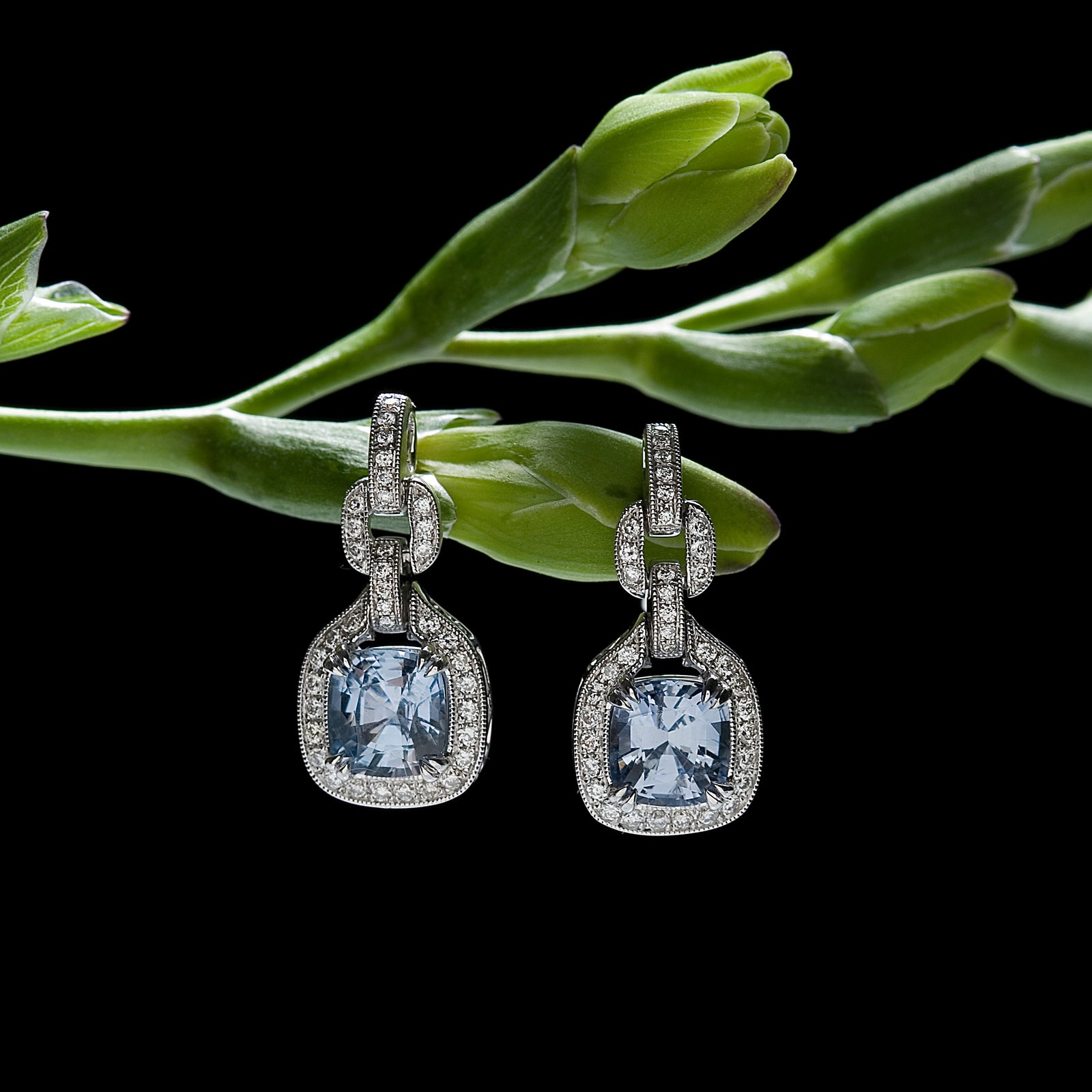 18K White Gold Burma Sapphire And Pave Diamond Earrings