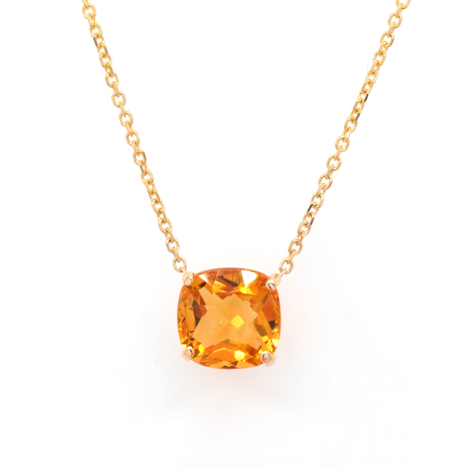 14K yellow gold citrine necklace featuring 1 cushion-shaped yellow-orange citrine measuring 8x8 mm.