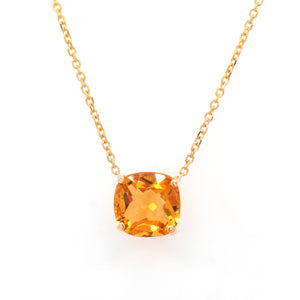 14K yellow gold citrine necklace featuring 1 cushion-shaped yellow-orange citrine measuring 8x8 mm.