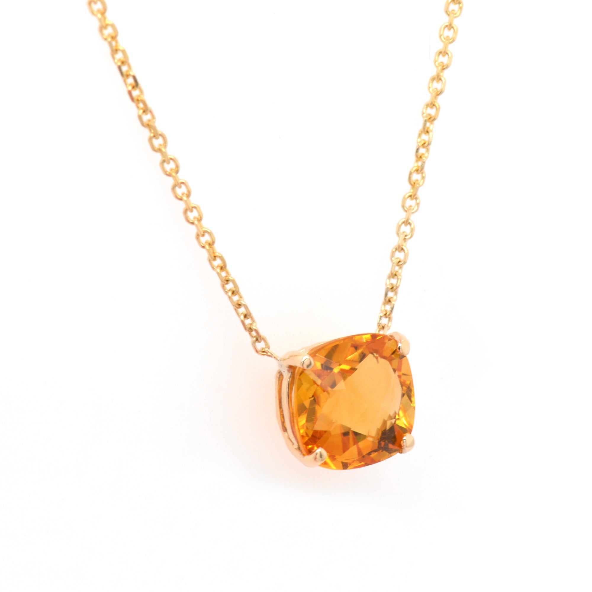 14K yellow gold citrine necklace featuring 1 cushion-shaped yellow-orange citrine measuring 8x8 mm.