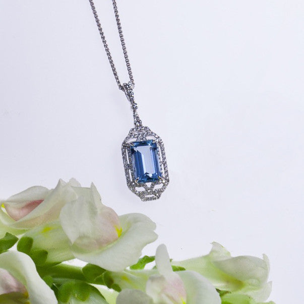 One Of A Kind 18K White Gold Aquamarine and Diamond Pendant