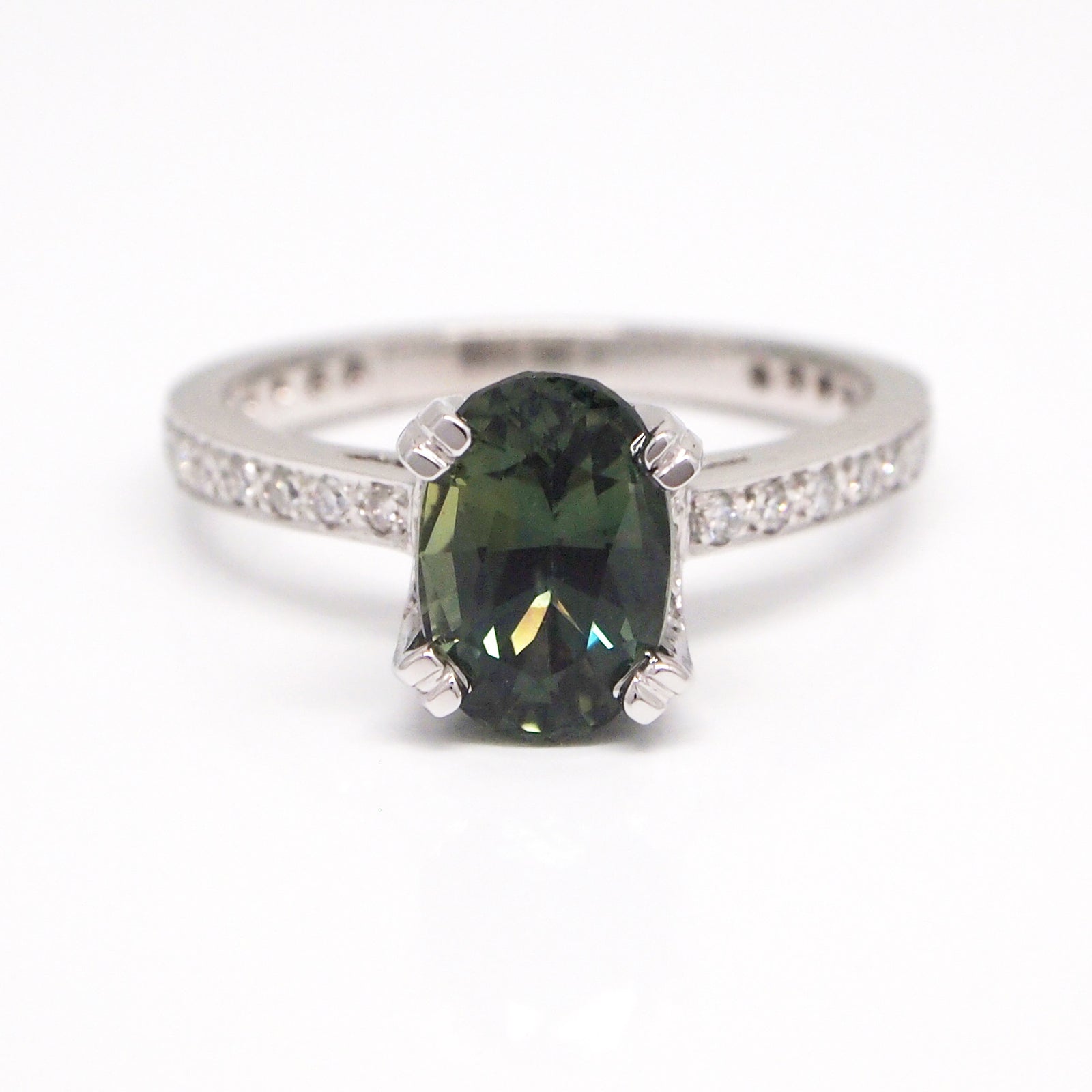 Platinum Bluish-Green Sapphire and Diamond Ring