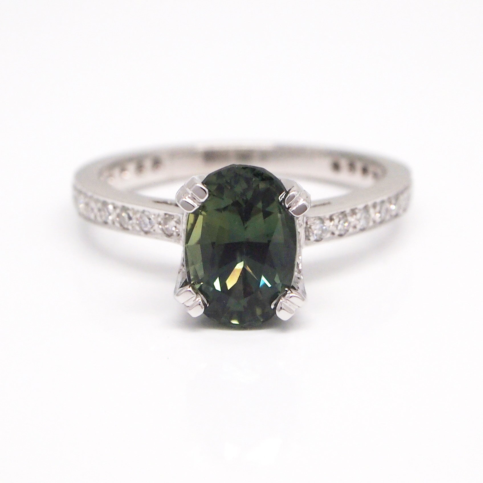 Platinum Bluish-Green Sapphire and Diamond Ring