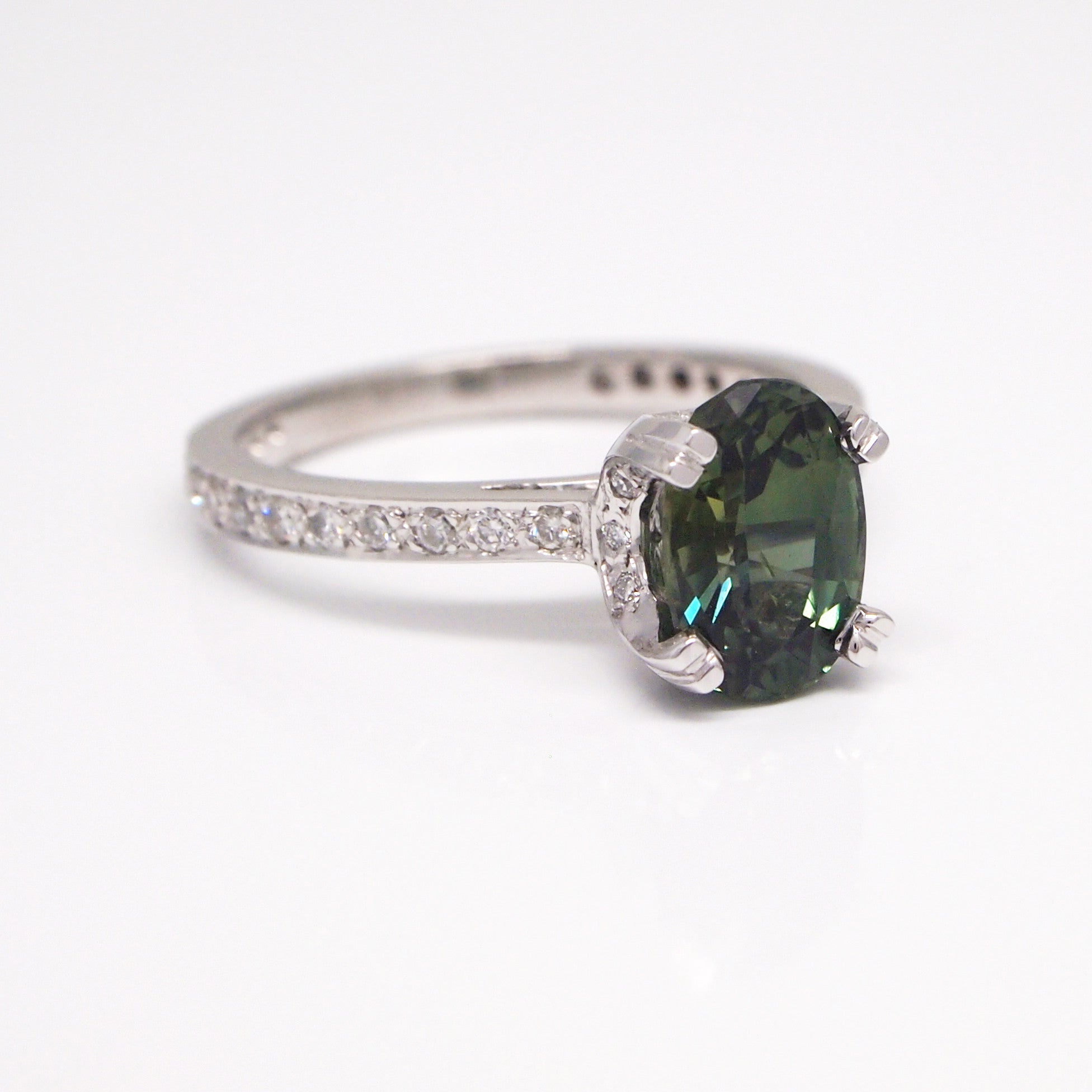 Platinum Bluish-Green Sapphire and Diamond Ring